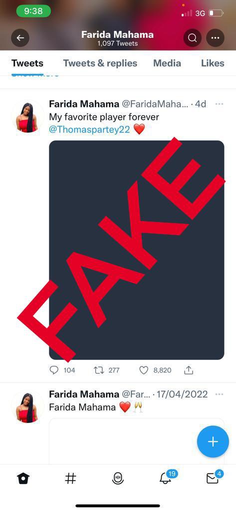 My daughter, Farida Mahama, does not have a Twitter account. 

Kindly ignore and stop following the account in the attached screenshot, set up by some unscrupulous person and being used to send out tweets in her name.