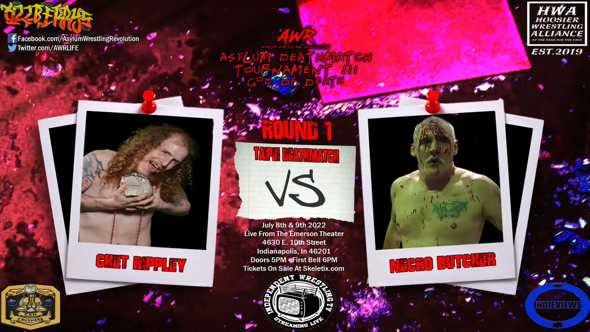 AWRLIFE's tweet photo. #AWR #ADT3 #GodOfDeath #July8thAnd9th #TheEmersonTheater #TillberryVape #HoosierWrestlingAlliance #CanCrushersWrestlingPodcast #IndieViews #ChetRippleyVsNecroButcher #Round1 #TaipeiDeathmatch https://t.co/jtcgaDNvpw