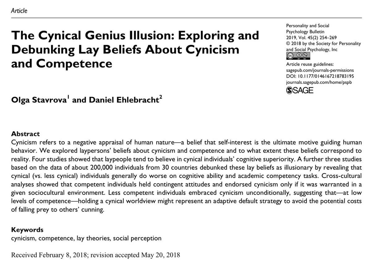 SteveStuWill's tweet image. “Four studies showed that laypeople tend to believe in cynical individuals’ cognitive superiority. A further three studies based on the data of about 200,000 individuals from 30 countries debunked these lay beliefs as illusionary.” journals.sagepub.com/doi/full/10.11…