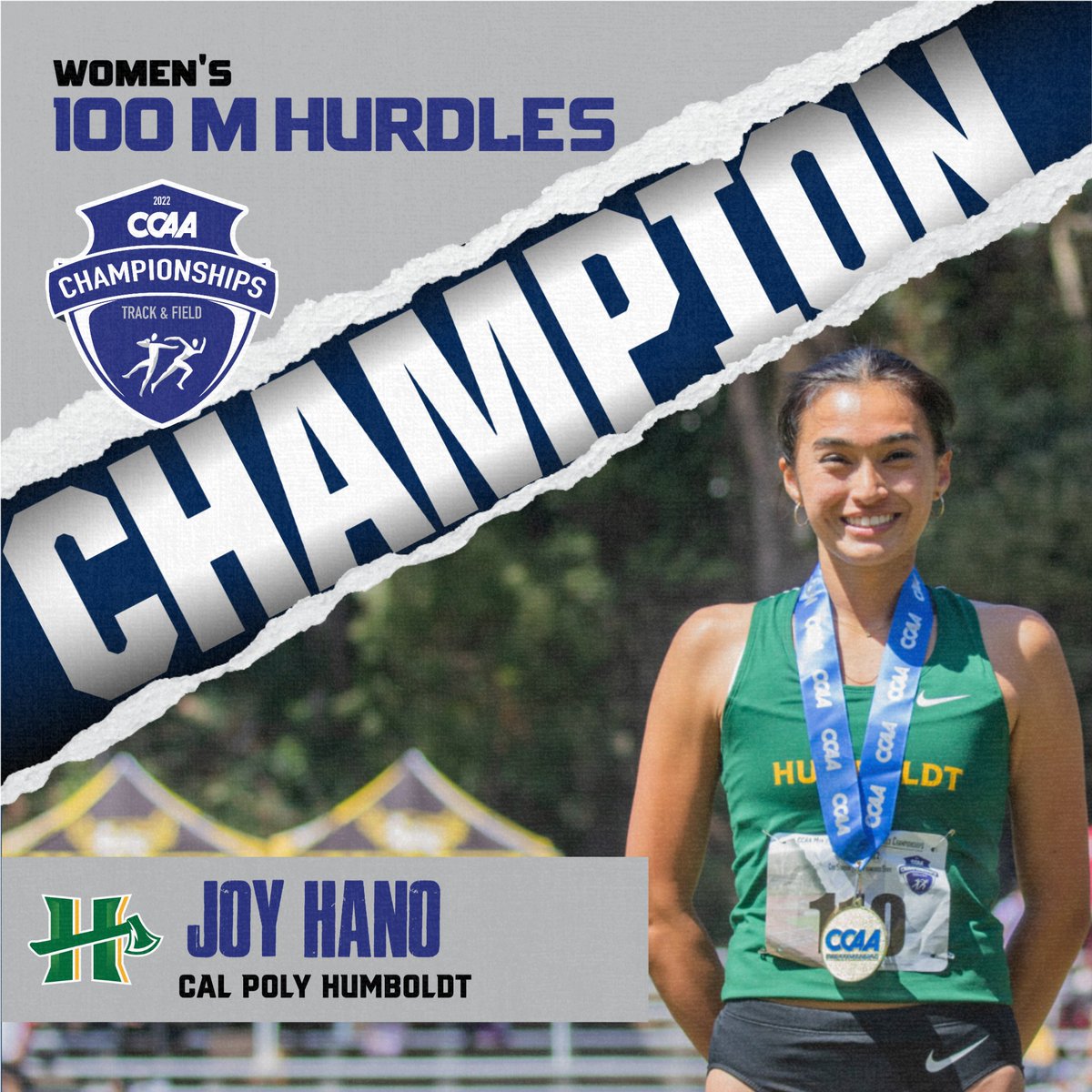 Cal Poly Humboldt's Joy Hano is the women's 100m hurdles champion with a winning time of 14.58 seconds. #CCAA_TF #CCAAChamp #GoCCAA
