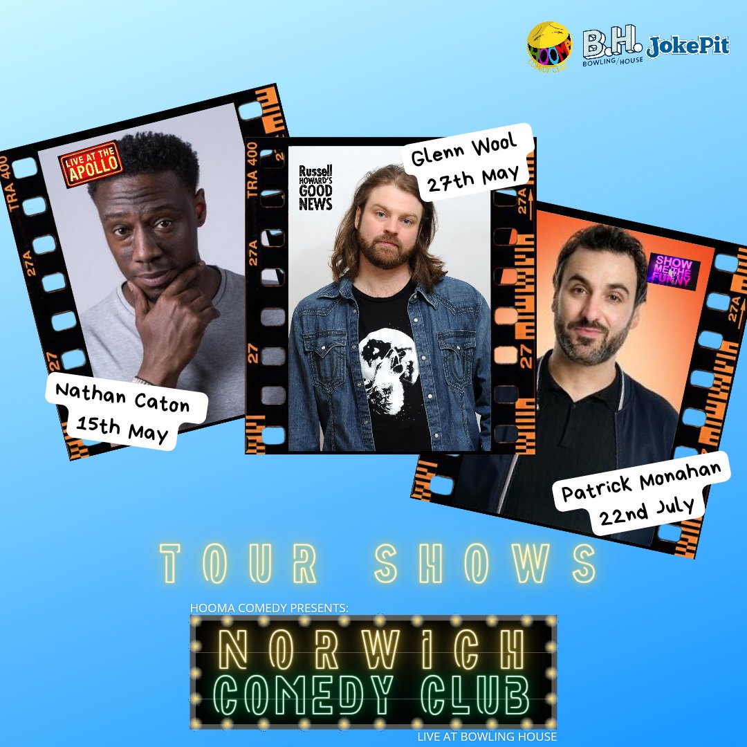 Hooma Comedy Club (@hoomacomedy) on Twitter photo GREAT NATIONAL TOUR SHOWS COMING TO YOUR COMEDY CLUB!
<a href="/NathanCaton/">Nathan Caton</a> 15/05
<a href="/GlennWool/">Glenn Wool</a> 27/05
<a href="/PatrickJMonahan/">Patrick Monahan</a> 22/07
LIVE <a href="/thebowlinghouse/">Bowling House</a>
🎟️ jokepit.com/comedy-by/hoom…
<a href="/EveningNews/">Norwich Evening News</a> <a href="/WhatsOnNor/">What's On Norwich</a> <a href="/WhatsOnNorwich/">Norwich Events</a> #norwich #comedy #comedyclub #whatson #norwichnightsout GREAT NATIONAL TOUR SHOWS COMING TO YOUR COMEDY CLUB!
<a href="/NathanCaton/">Nathan Caton</a> 15/05
<a href="/GlennWool/">Glenn Wool</a> 27/05
<a href="/PatrickJMonahan/">Patrick Monahan</a> 22/07
LIVE <a href="/thebowlinghouse/">Bowling House</a>
🎟️ jokepit.com/comedy-by/hoom…
<a href="/EveningNews/">Norwich Evening News</a> <a href="/WhatsOnNor/">What's On Norwich</a> <a href="/WhatsOnNorwich/">Norwich Events</a> #norwich #comedy #comedyclub #whatson #norwichnightsout