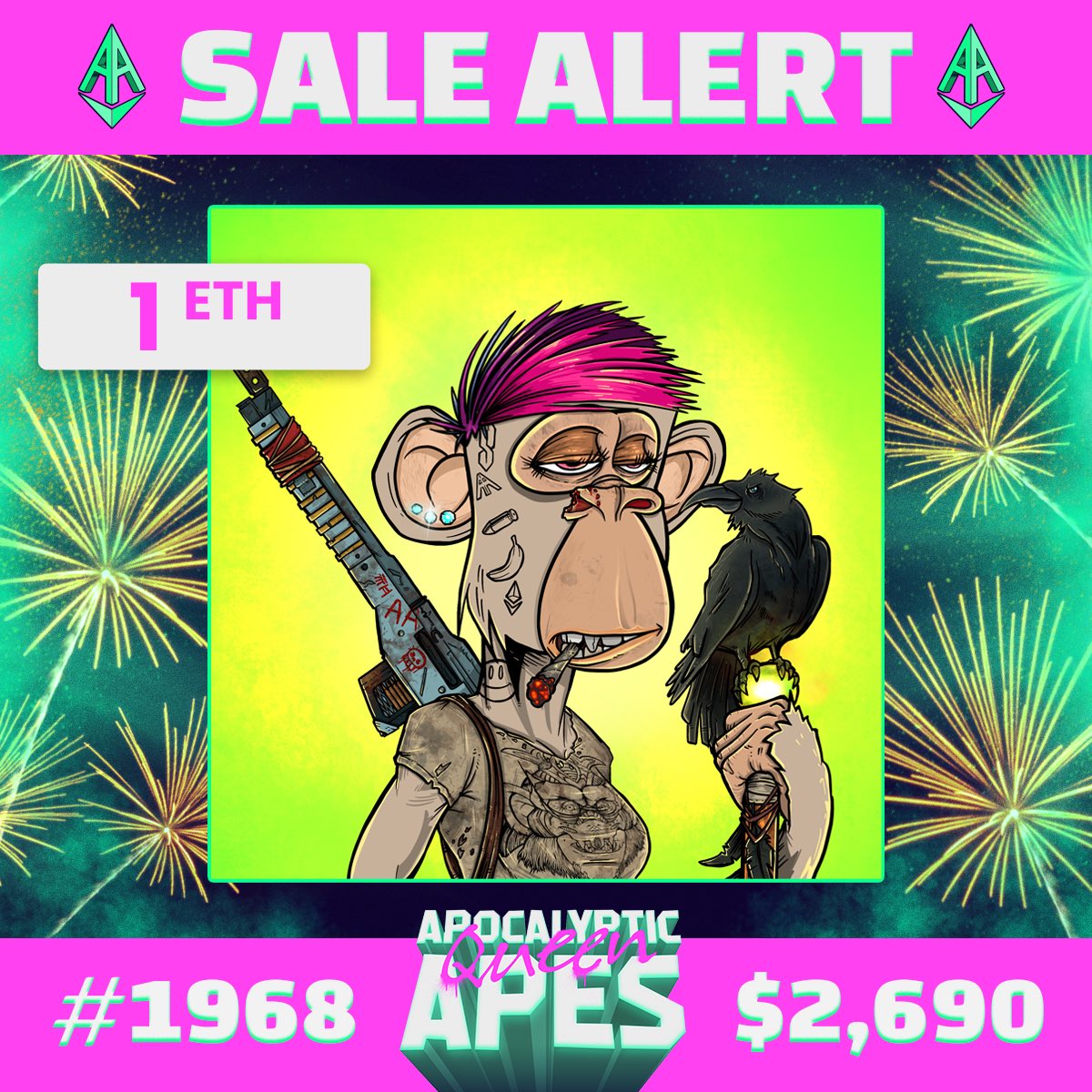 It’s all about the birds! This badass punk has moved on to her new home with a 1ETH sale!! Congrats to the new owner! 😍🤖 #eth #nft #NFTCommunity #opensea #Ethereum <a href="/apocalypticapes/">Apocalyptic Apes | 🦍</a> #NFTsales <a href="/apocalypticapes/">Apocalyptic Apes | 🦍</a>