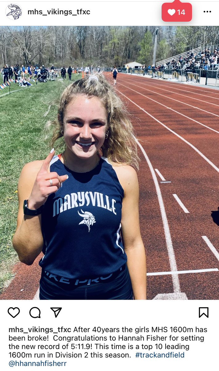 girls_tf's tweet photo. A 40yr old record was broke today!   Senior Hannah Fisher is the new MHS 1600m record holder. 5:11.9 and a top 10 division ll lead right now. https://t.co/r7gryO1cn7