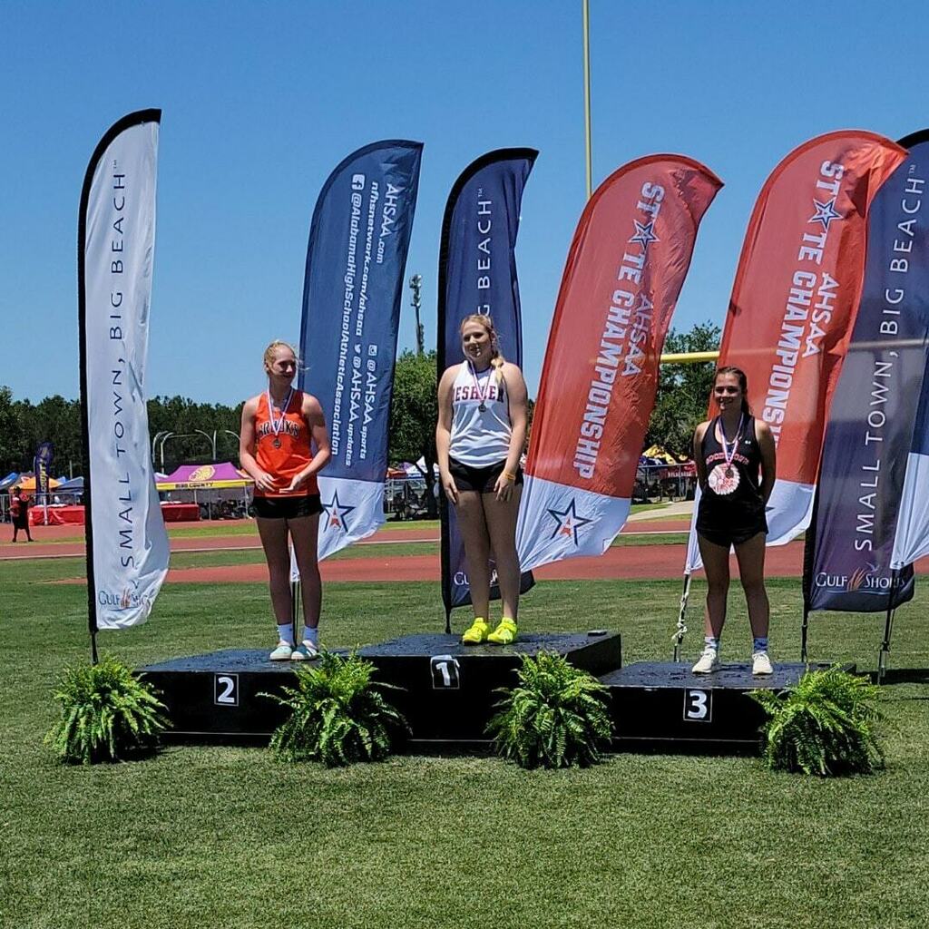 Maddie Roberts (Deshler) successfully defends her 4A State Javelin Title.