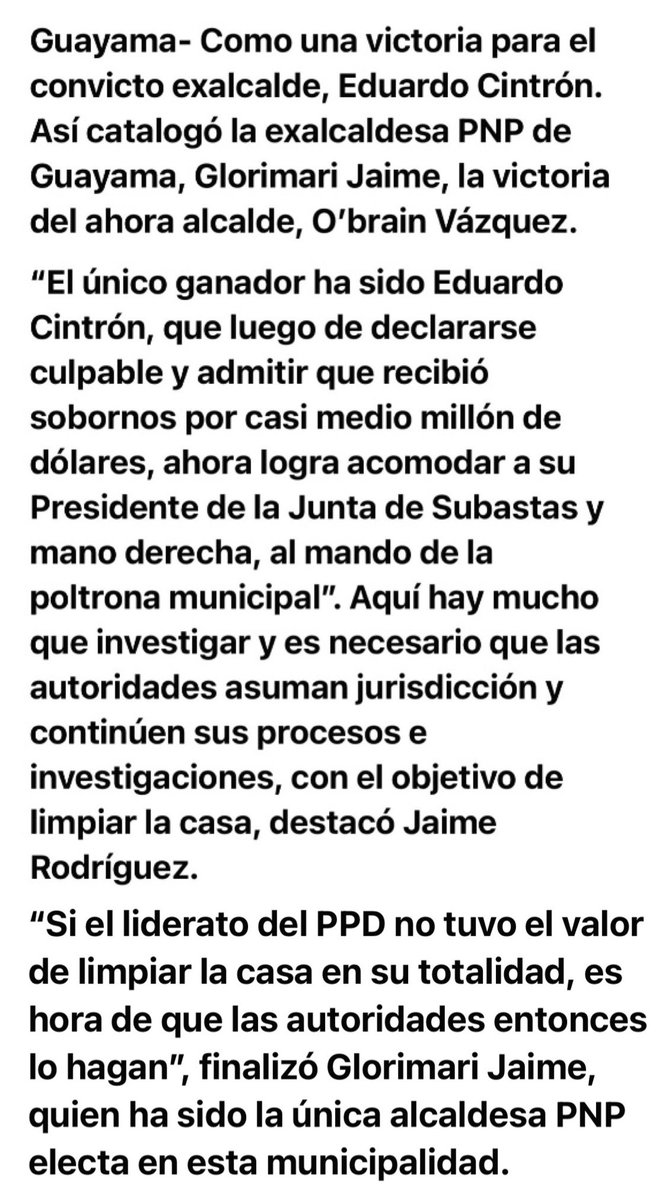 EXPRESIONES AUTORIZADAS DE LA EXALCALDESA DE GUAYAMA, GLORIMARI JAIME RODRÍGUEZ 

7 de mayo de 2022

Glorimari Jaime cataloga como un gran triunfo para el convicto exalcalde Eduardo Cintrón, la victoria de O’brain Vázquez