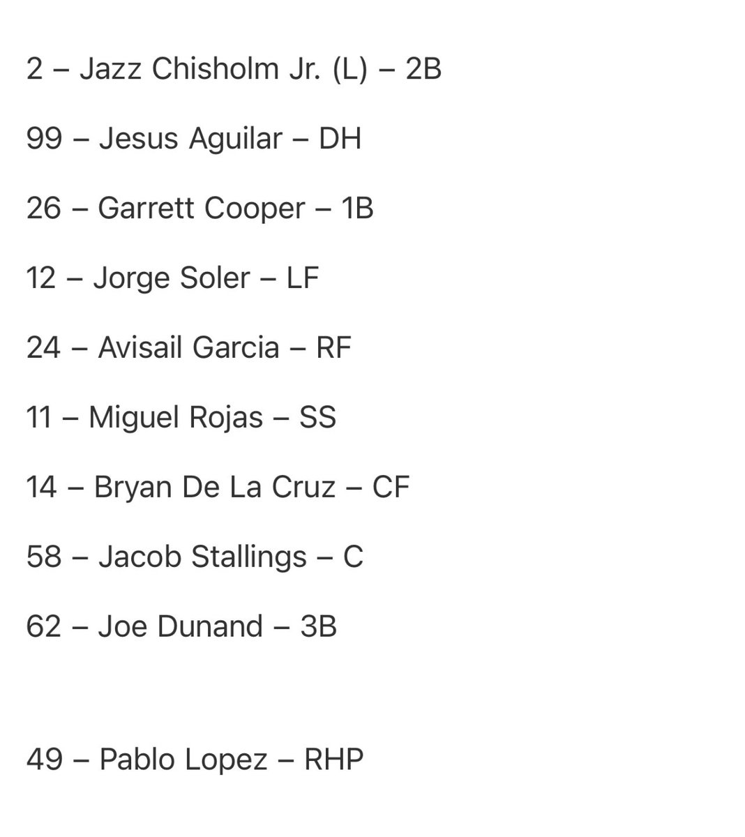 JoeFrisaro's tweet photo. The #Marlins lineup.
Joe Dunand contract selected. Jon Berti to IL (undisclosed) @ManOn2nd @5ReasonsSports https://t.co/bocxbQiFqy
