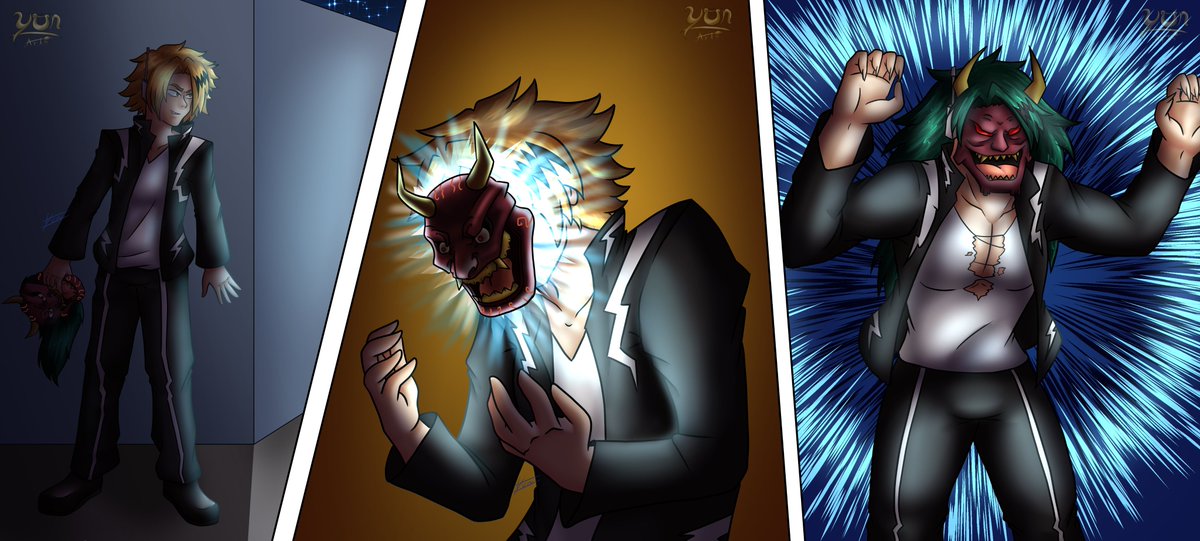 RLynxer's tweet photo. Denki Kaminari wanted to pull out a quick prank on his classmates. However, he decided to use that mysterious Oni mask he found earlier... After all, what harm could it do?
He now looks scary, alright...
#TFTuesday #TFEveryday #BNHA #MHA #Kaminari #Tarakudo #Shadowkhan #Rairakku https://t.co/XHwomHbfLF