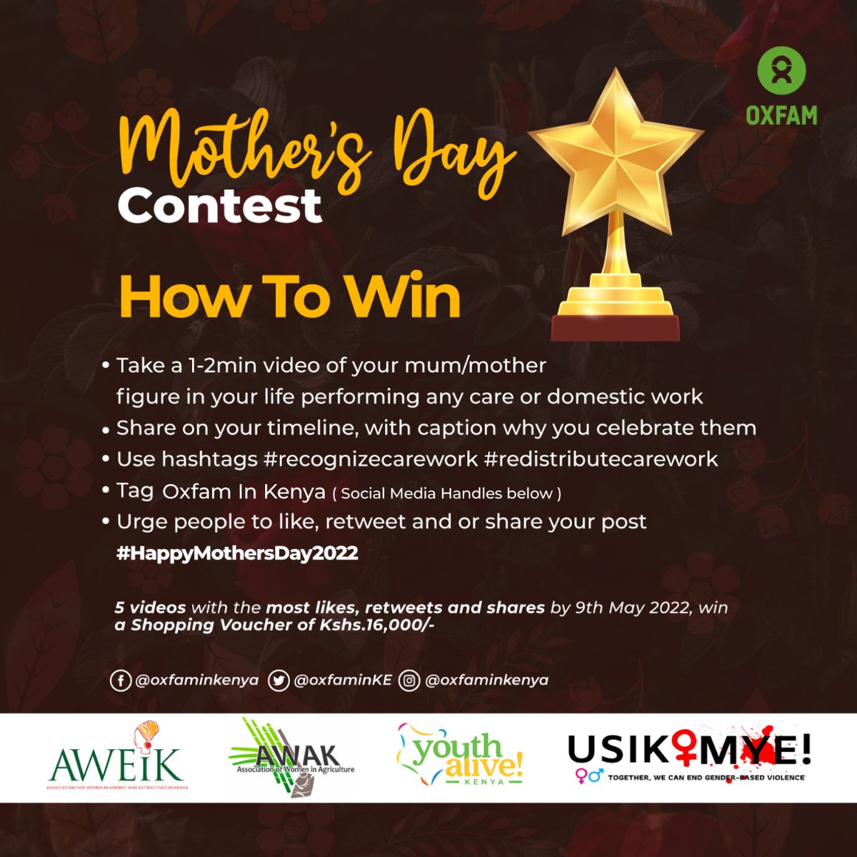 oxfamkenya's tweet photo. Unpaid Care and Domestic work has remained a historical burden on women. As we strive to change the status quo, show love by winning your mum/mother figure, fabulous shopping vouchers for this unfair endurance.
#recognizecarework
#redistributecarework
#HappyMothersDay2022 https://t.co/iI8g4bsega
