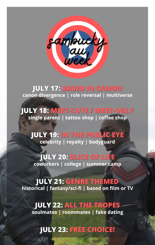 sambuckyauweek's tweet image. Hello and welcome to SamBucky AU Week, a fanweek running from July 17th - July 23rd. Check out the prompts below and check Tumblr for rules and FAQ at sambuckyauweek.tumblr.com!