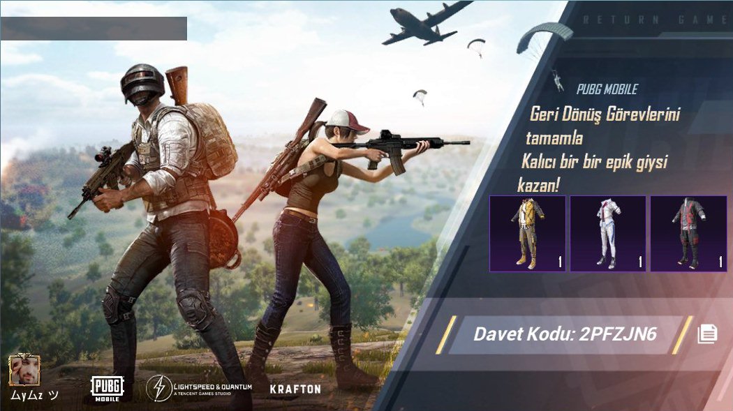 PUBG MOBILE Geri Dönüş Görevlerini tamamla! Kalıcı bir epik giysiyi ücretsiz olarak kazan! Davet kodum: 2PFZJN6 ig-url.igamecj.com/D7z5N9vdwsTm