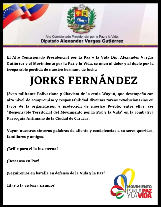 Exigimos una esclarecedora investigación por parte de las autoridades competentes y el implacable castigo para quienes perpetraron este terrible hecho.
Nuestras instituciones garantizan el debido proceso y la preeminencia inclaudicable de los Derechos Humanos de nuestro Pueblo.