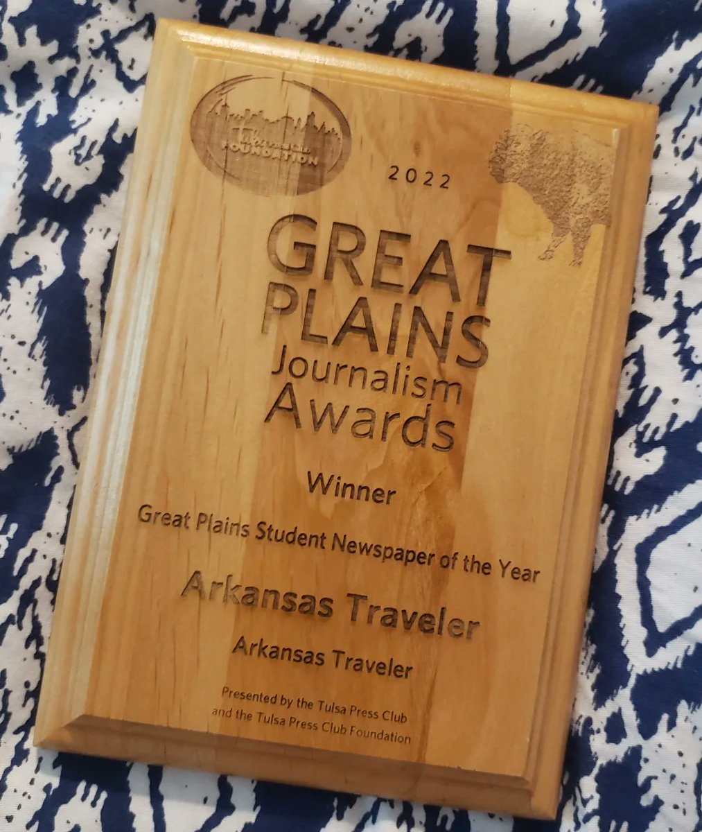 UAtrav's tweet photo. The @TulsaPressClub has named The Arkansas Traveler student newspaper of the year in an eight-state region comprising Arkansas, Kansas, Missouri, Nebraska, Iowa, Oklahoma and the Dakotas! https://t.co/duHh7xOkyU