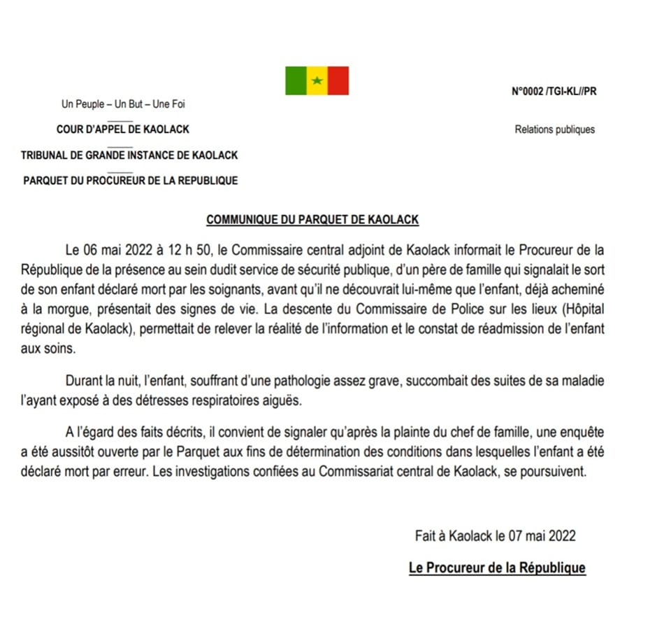 lemzo13's tweet photo. Le parquet de Kaolack ouvre une enquête aux fins de déterminer les conditions dans lesquelles un enfant est déclaré mort par erreur.
@santegouv_sn  #senegal  #kaolack https://t.co/wa6ARp7nf2