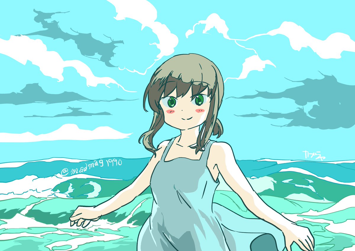 fubuki (kancolle) 1girl solo dress short ponytail sidelocks green eyes cloud  illustration images