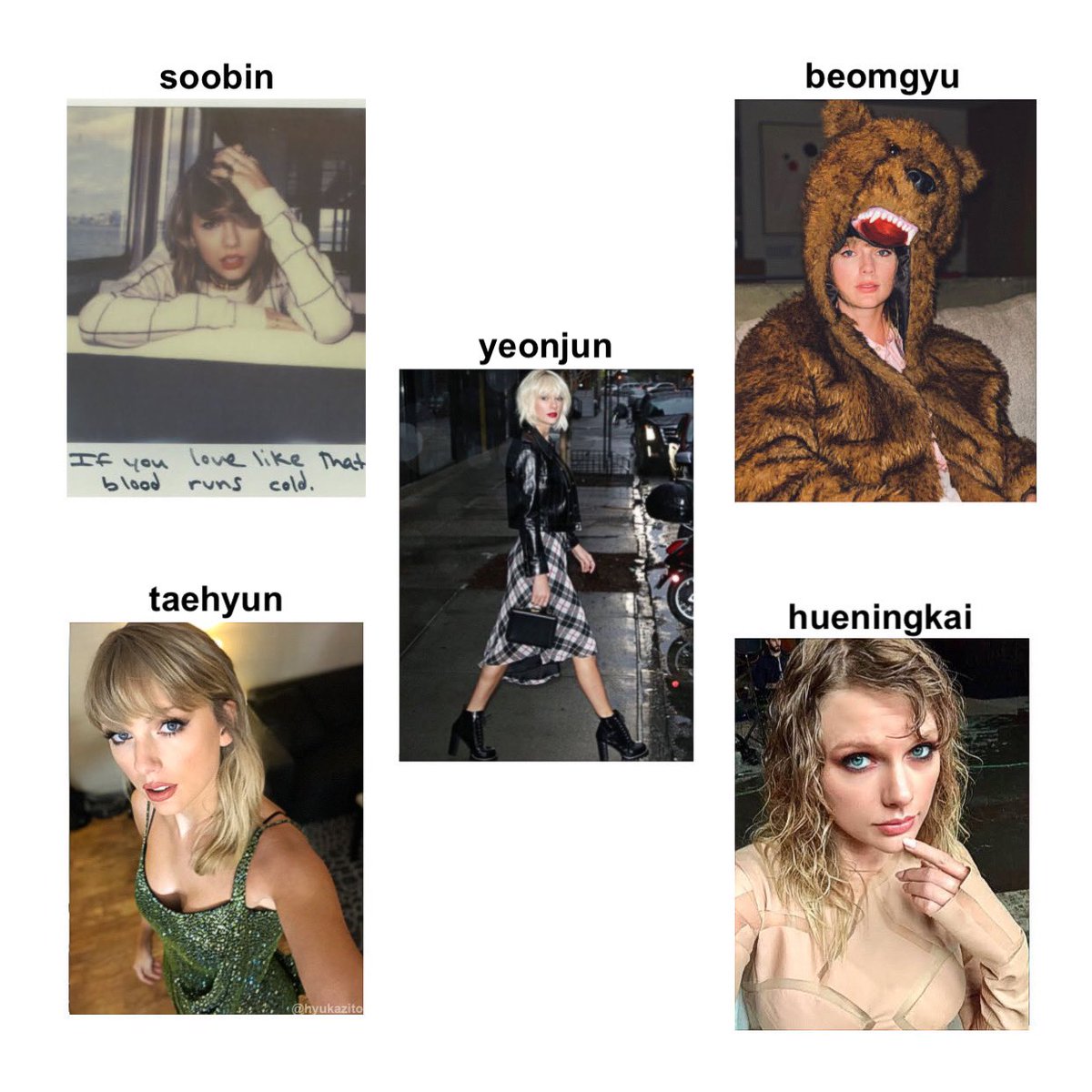 trsfalgar's tweet photo. #TXT but everyone is taylor swift. https://t.co/tuzwPWc486