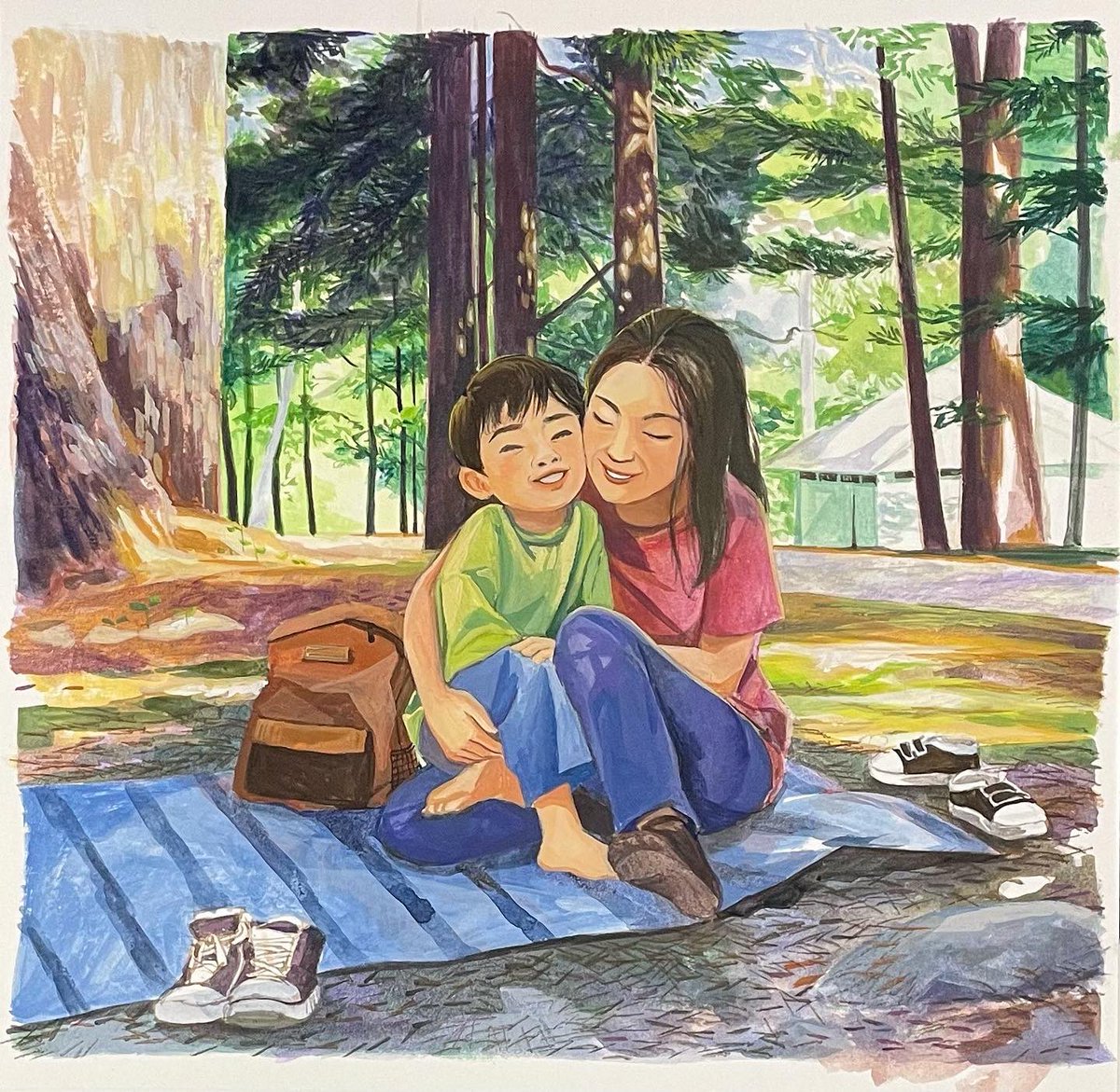 HoneeJ_illo's tweet photo. Happy Mother’s Day! 💛 

Here’s a painting of my mom hugging my brother when he was feeling cold in the early spring picnic. It’s my favorite photo of them 🥰 https://t.co/SlRoUKrpFf
