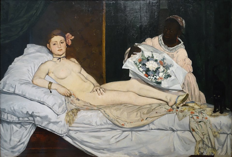 lyssathinks's tweet photo. @PsychicCancer @writtenbyirene v controversial &amp; why art historians decided the modern art movement began here. Manet’s “Olympia” (1883-5) attached is the example we learned about breaking this academic rule of painting only holy figures in the nude but that fits right in that time frame too so it makes sense https://t.co/3mbLNJWlfS
