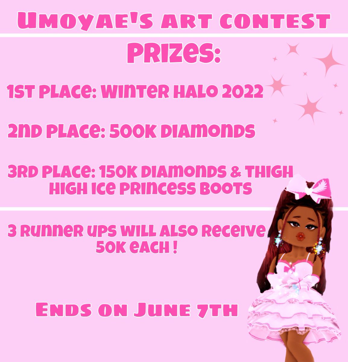 Umoyae's tweet photo. UMOYAE’S ART CONTEST•🌷
1st place: Winter halo 2021

2nd place: 500k diamonds

3rd place: 150k diamonds 
And 3 runner ups will win 50k diamonds each!

Please like and retweet to spread 💖
(Look in thread for more information‼️) #royalehigh #royalehighart #rhtc #royalehighartist https://t.co/92PSG1Tiw6