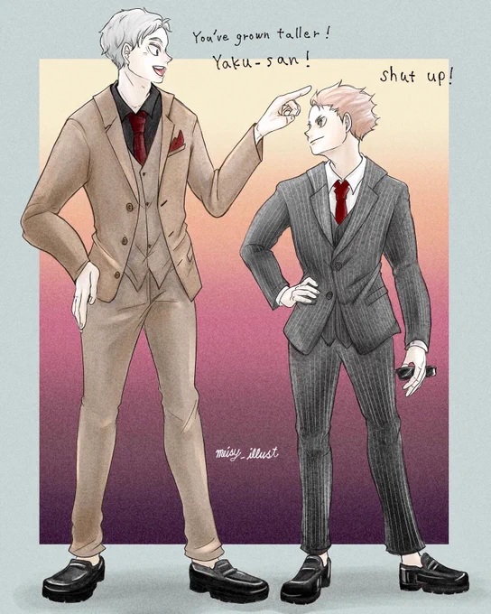 夜久さん!
背が伸びましたね!

…うるせぇ😎

#haikyuufanart #夜久衛輔 
#灰羽リエーフ #ハイキュー 
