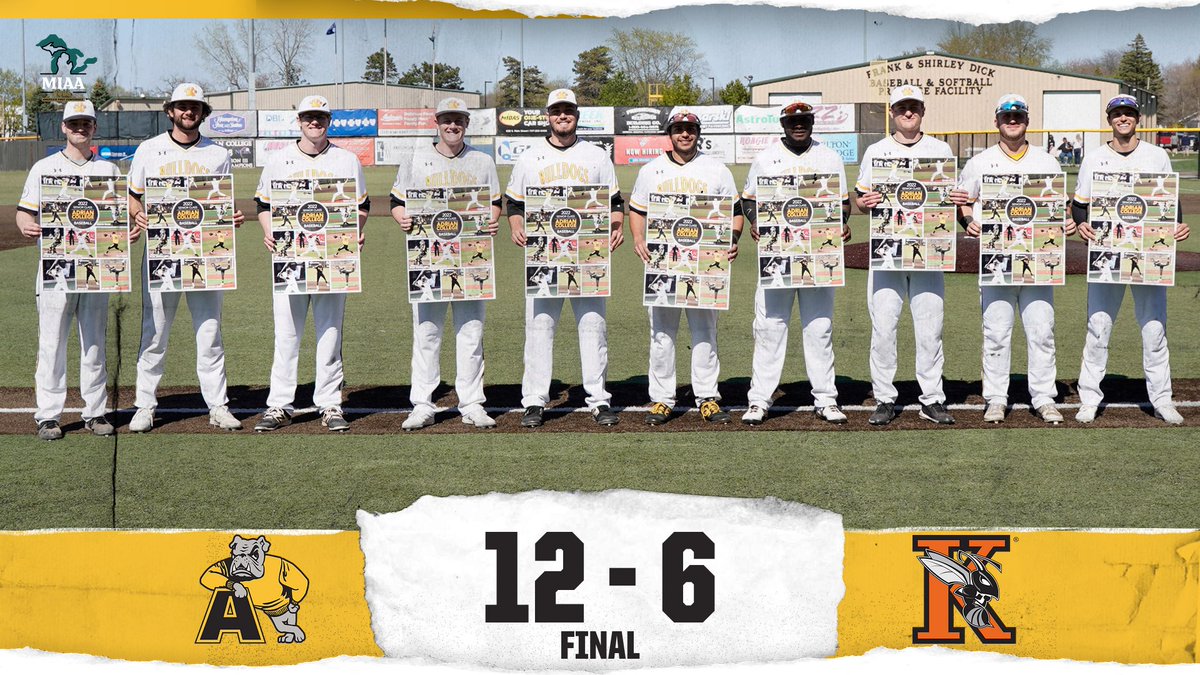 AdrianBaseball's tweet photo. BULLDOGS WIN! Adrian takes game two of the doubleheader by a score of 12-6 over Kalamazoo!

#d3baseball https://t.co/J3w8dCMULf