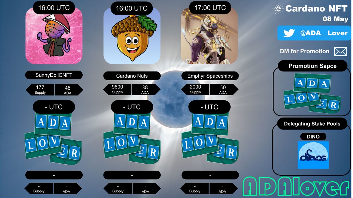 🚨#CNFTdrops🚨
0⃣8⃣May

1.<a href="/SunnyDollCNFT/">SunnyDollCNFT | Minting Today</a>

2.@cardano_nuts

3.<a href="/Project_Emphyr/">Project Emphyr | Cardano NFT's</a> 

-Stake Pools-
<a href="/SPO_DINO/">DINO 🇰🇷 Cardano SPO & DRep</a>

#CNFTCommunity #CNFT #CNFTs #CardanoNFT #CardanoCommunity #Cardano #ADA