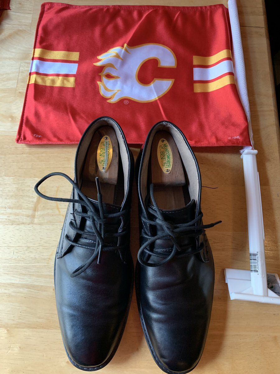 RickTulsie's tweet photo. WELL. Not sure if it works this way. But I’m wearing the #Flames lucky shoes while working the #JamesTaylor #concert in the #saddledome. They are all shined up as per usual on a #NHal #hockey #GameDay. Gotta try everything at this point as the team needs a win. https://t.co/UzIg0iRIpr