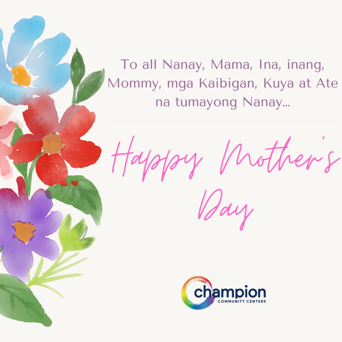 CHAMPION Community Centers are one in celebrating Mother’s Day today. Send them a message, give them a call, or say a prayer and express how much you love and appreciate them. 💐💕