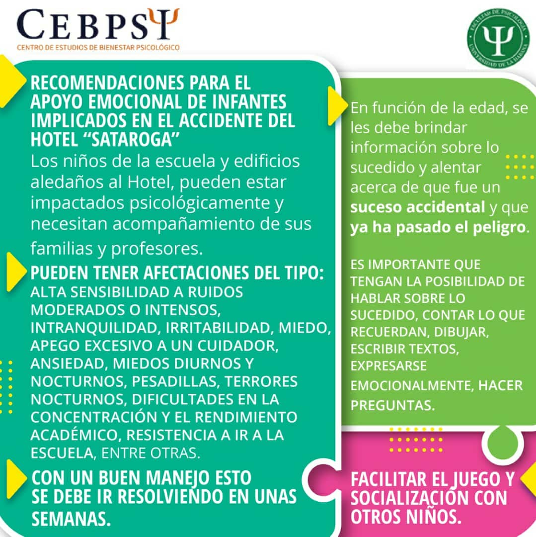 SCPsico's tweet photo. Recomendaciones para el apoyo emocional a infantes implicadas e implicados en el accidente de #HotelSaratoga

Importantes en esta etapa posterior al momento inicial. Incluye a quienes están afectados de forma indirecta (sobreexposición a noticias)

#Cuba #Habana #SaludMental https://t.co/utAbjWujnX
