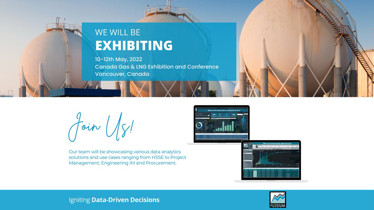 fuzeium's tweet photo. We will be exhibiting at the 2022 Canada Gas &amp; LNG Exhibition and Conference on May 10-12, 2022.

If you are there, come see us showcase our KPI Dashboard solutions ranging from tools for Project Management to Contracts and Procurement, HSSE and operations planning. https://t.co/gmfAE0Bhce