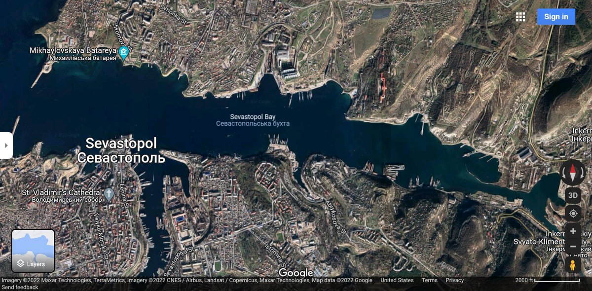 USAS_WW1's tweet photo. #maps #NavyDay #Russian Navy has six warships based in the Black Sea port Sevastopol. We see five: #Moskvacruiser (sunk), two of three Admiral Grigorovich ships including #admiral #Makarov (flagship in hiding?), the Krivak ships Pytlivyy and Ladnyy. 1/ https://t.co/5TQF3fGtKr