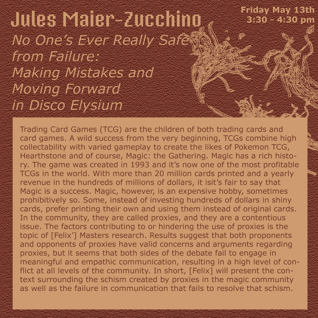 failureconf's tweet photo. Voici le septième panel de la conférence de cette année, "Embodied Limits", modéré par Lyne Dwyer. Ce panel s'intéresse aux cultures du jeu et du gaming, et comprend quatre panélistes: Justin Roberts, Pierre Gabriel Dumoulin, Félix Prégent, and Evan Jules Maier-Zucchino! 🌿 https://t.co/tky6enIF8M