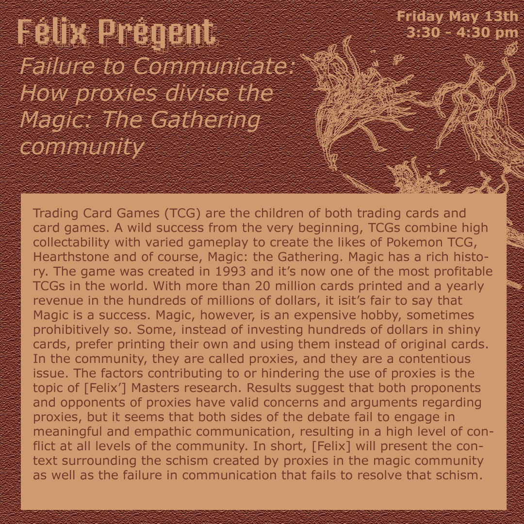 failureconf's tweet photo. Voici le septième panel de la conférence de cette année, "Embodied Limits", modéré par Lyne Dwyer. Ce panel s'intéresse aux cultures du jeu et du gaming, et comprend quatre panélistes: Justin Roberts, Pierre Gabriel Dumoulin, Félix Prégent, and Evan Jules Maier-Zucchino! 🌿 https://t.co/tky6enIF8M