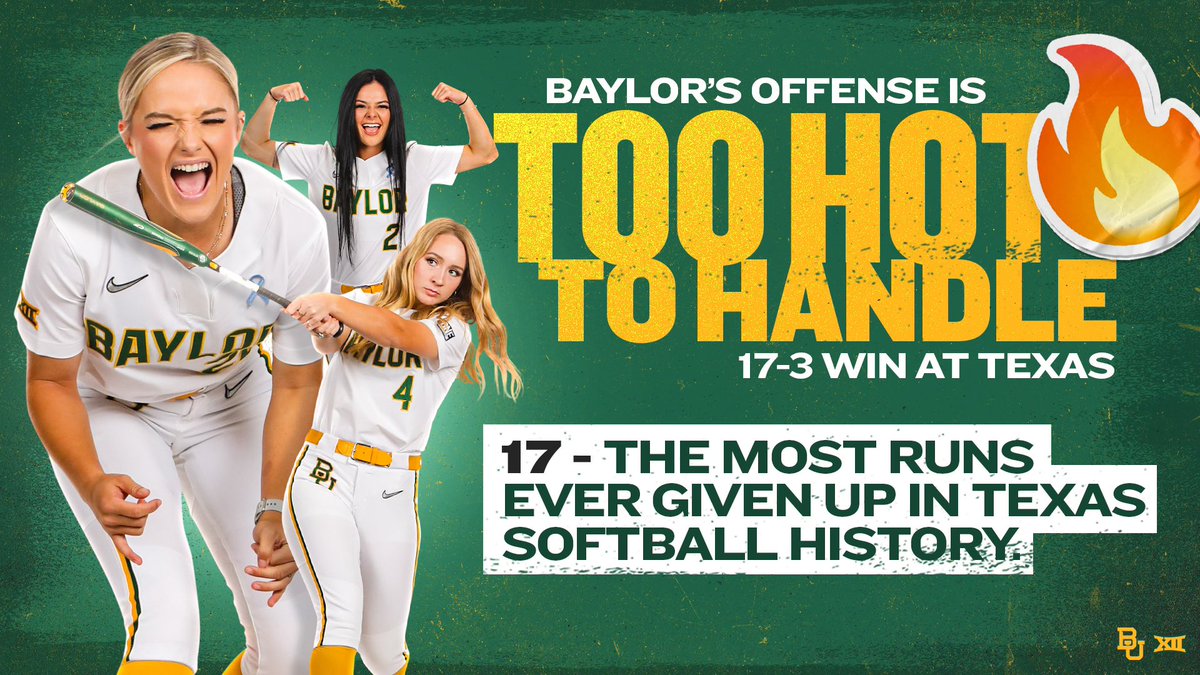 BaylorSoftball's tweet photo. 𝙏𝙤𝙤 𝙝𝙤𝙩 𝙩𝙤 𝙝𝙖𝙣𝙙𝙡𝙚 🔥🔥🔥

#SicEm🥎🐻 https://t.co/gZDdD4y7tT
