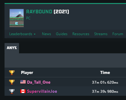 Bravveo's tweet photo. shoutout to @Da_Tall_One and @SupervillainJoe for participating in the speedrun community for the game I made, Raybound. 37 minutes, that's craaazy

https://t.co/dK2RLgwQZO https://t.co/5C0K9Vh7vt