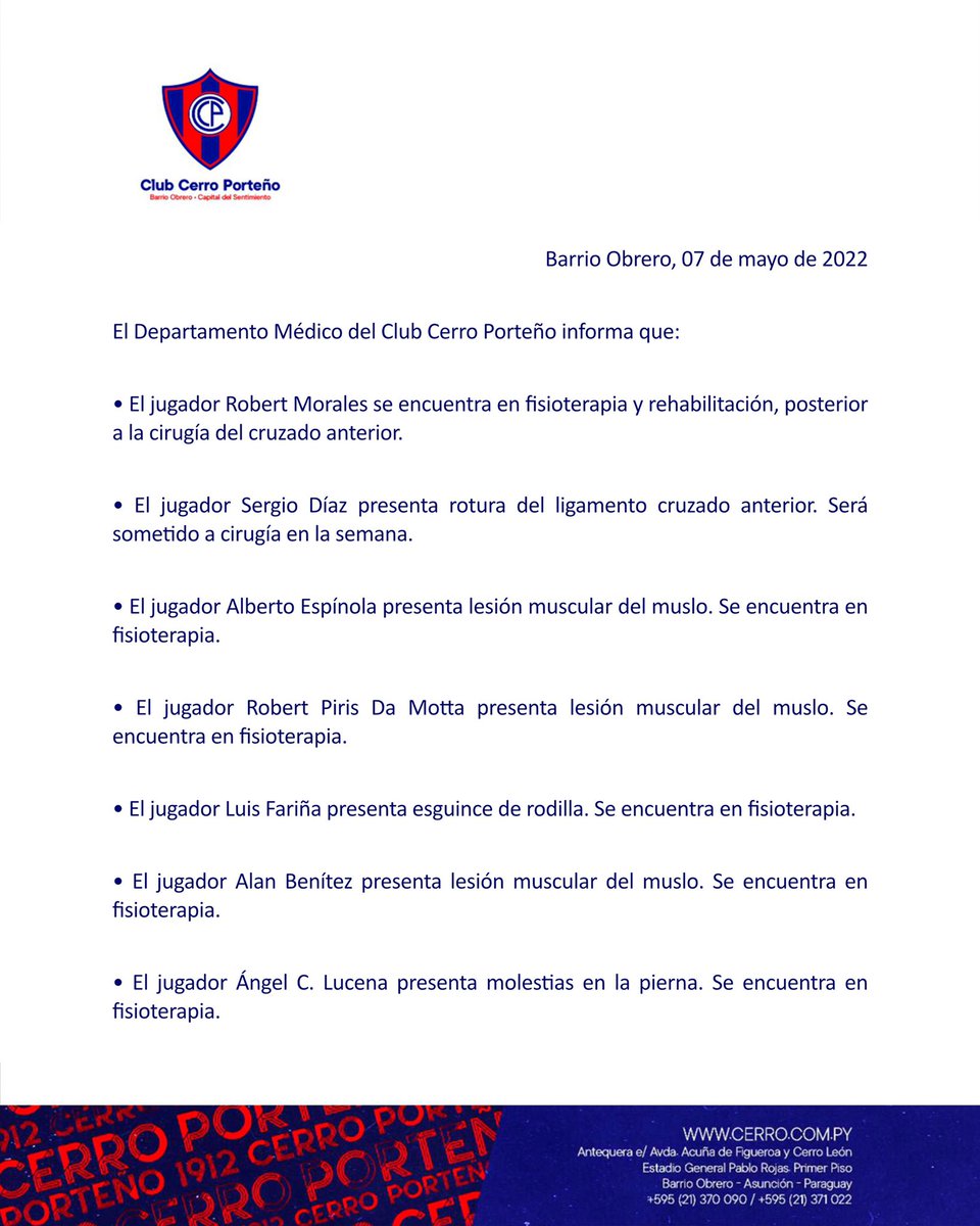 CCP1912oficial's tweet photo. Informe Médico de los jugadores Robert Morales, Sergio Díaz, Alberto Espínola, Robert Piris Da Motta, Luis Fariña, Alan Benítez y Ángel C. Lucena 📋 https://t.co/pLNqMbSysN
