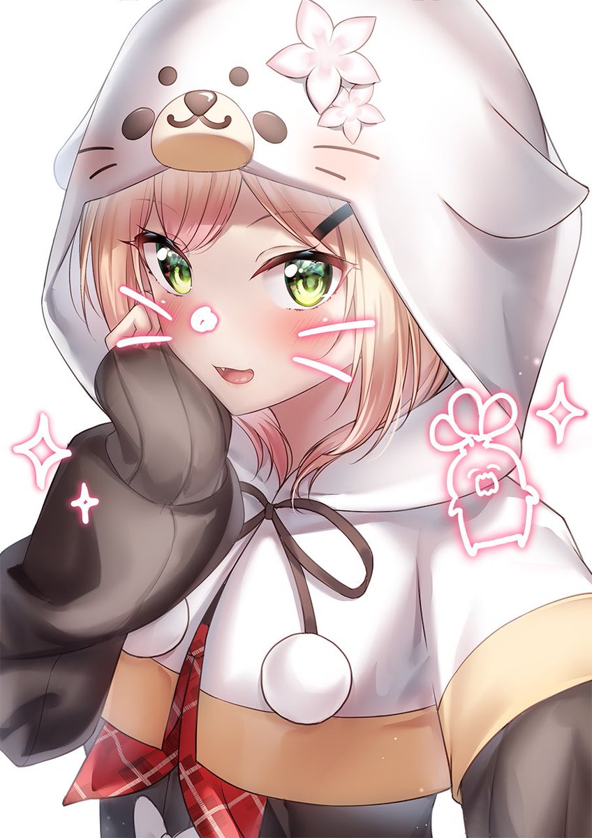 1girl solo hood blonde hair animal hood green eyes looking at viewer  illustration images