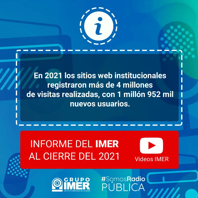 imerhoy's tweet photo. En https://t.co/I4tqX2obqv puedes disfrutar las listas de reproducción de audio, fonoteca, emisoras, servicios y mucho más.
ℹ️ Conoce las acciones que marcaron el 2021 en el IMER, en nuestro canal de youtube ⏯️ https://t.co/zaQ4NyBkMQ
#InformeIMER #SomosRadioPública https://t.co/sOU26gagg6