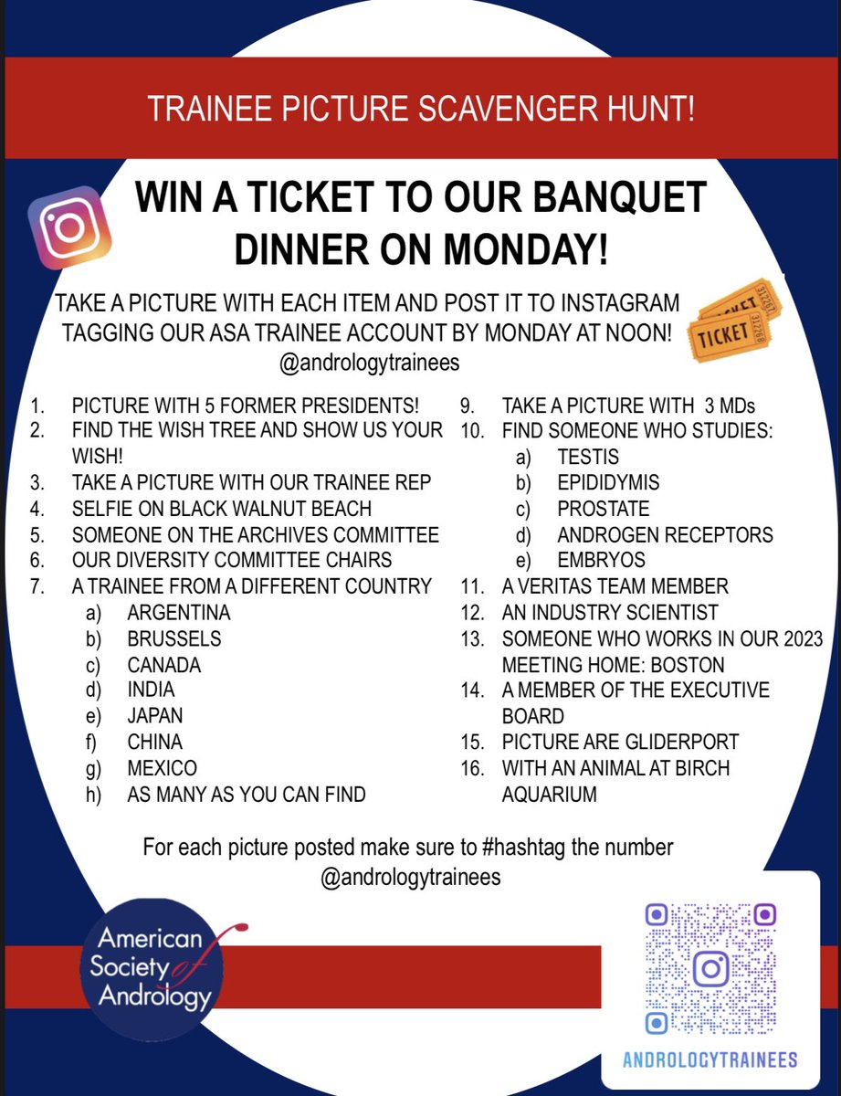 AndrologyTraine's tweet photo. Welcome back! We are officially kicking off our 2022 ASA Meeting! We invite our trainees to mingle and take part of the photo hunt to win a ticket to our banquet dinner! Lots of fun, dancing and a great end #andrology #ASA2022 #andrologytrainees https://t.co/YR5bwpApNU