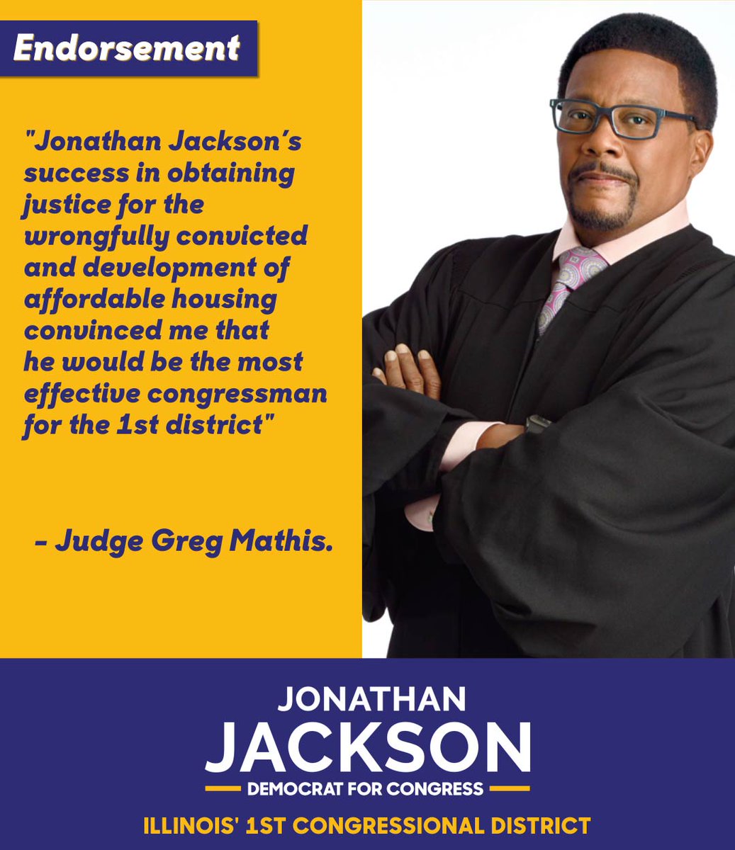 CongressJackson's tweet photo. I am honored to receive the endorsement of my friend
@JudgeGregMathis. Thank you for your support.
#JacksonForCongress #JonathanJackson #JonathanForCongress
https://t.co/ONKYE4v5Jl https://t.co/GIvc2KpCsP