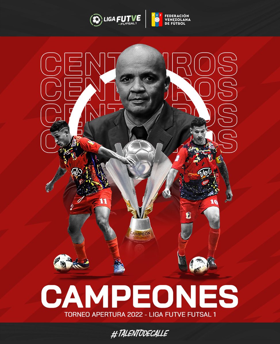 LigaFUTVESala's tweet photo. 💯 ¡Centauros de Caracas es el rey de la #LigaFUTVEFutsal1! 🏆🤩

La Bestia Roja se coronó campeón del Apertura 2022 tras derrotar 3-5 a su rival de turno en el Parque Naciones Unidas. 🇻🇪⚽ #TalentoDeCalle #VenezuelaEsFUTVE https://t.co/n4iFBPoAdq