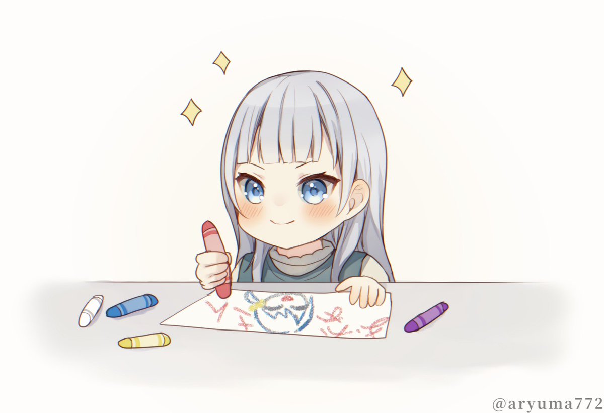 1girl blue eyes solo drawing crayon smile long hair  illustration images