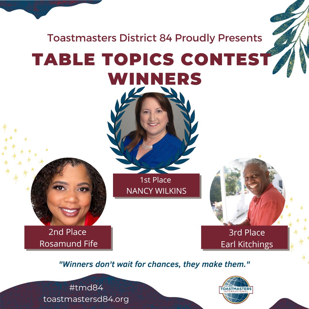 tm_d84's tweet photo. 👏👏👏 Toastmasters District 84 is proud to announce the results of last night's Evaluation Contest:🎉 in FIRST place, Nancy Wilkins, second place: Rosamund Fif...
#tmd84 #contest #evaluationcontests #evaluation #improvement #performance #betterment #publicspeaking #presentations https://t.co/VqjH3J5V7d