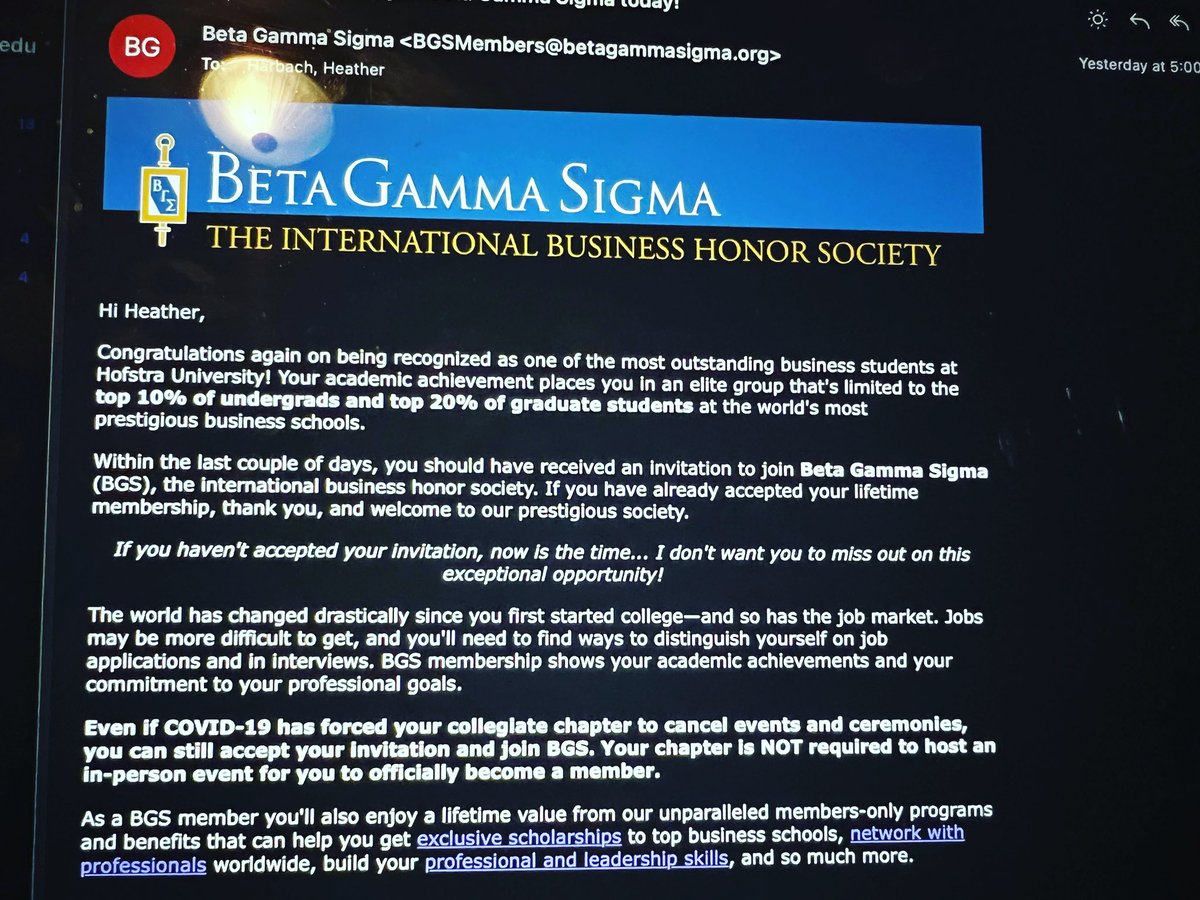 Harbachh's tweet photo. Beta Gamma Sigma invitation?! #hofstra #zarbmeansbusiness #hofstramarketing 
@HofstraU @ZarbSchool @DrLiHuang https://t.co/mPLugeqCKD