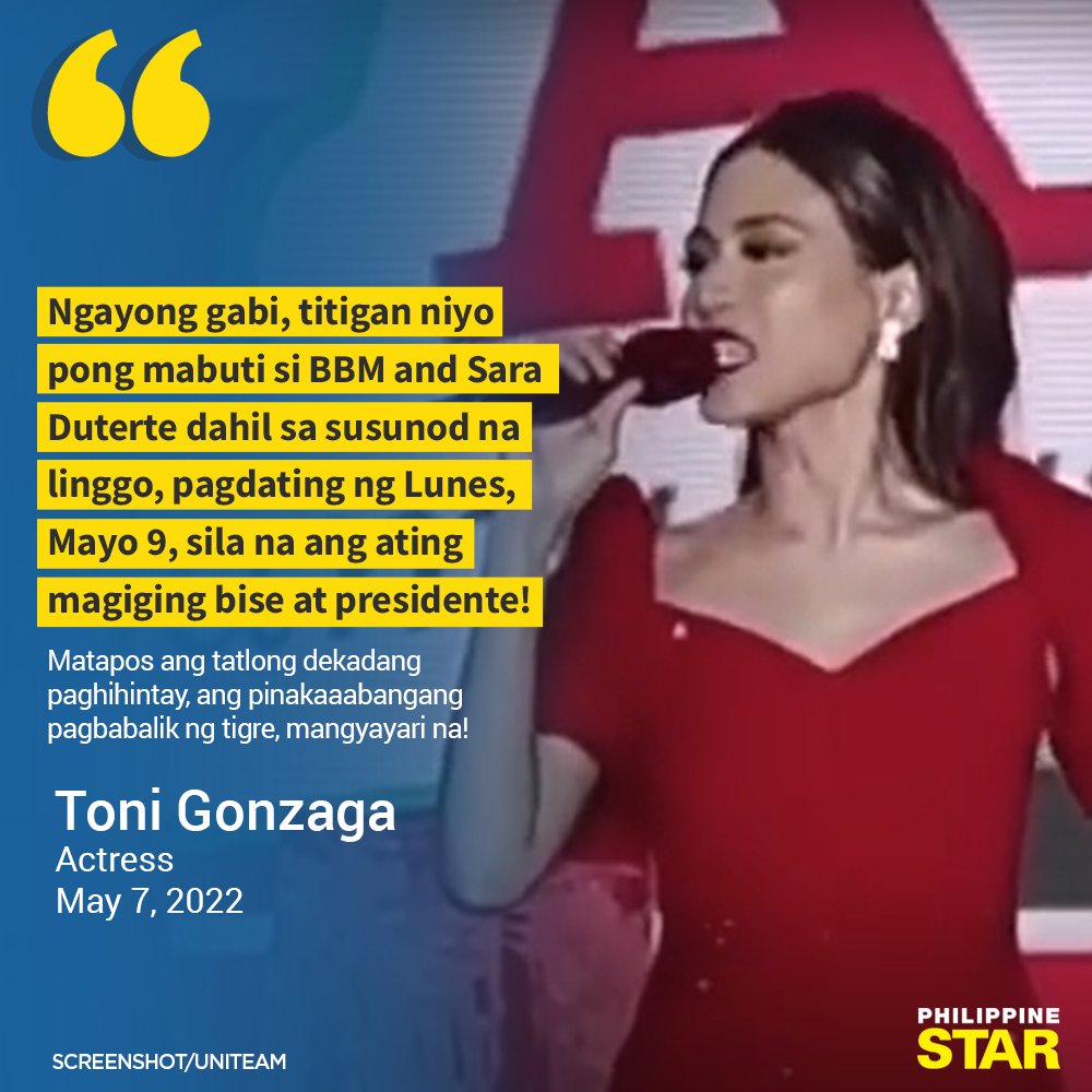 PhilippineStar's tweet photo. Actress Toni Gonzaga during UniTeam's miting de avance in Parañaque City on Saturday introduced presidential aspirant Ferdinand "Bongbong" Marcos Jr. before the supporters as the "next president" of the country. #BilangPilipino2022 https://t.co/c4VHJ7dxMt