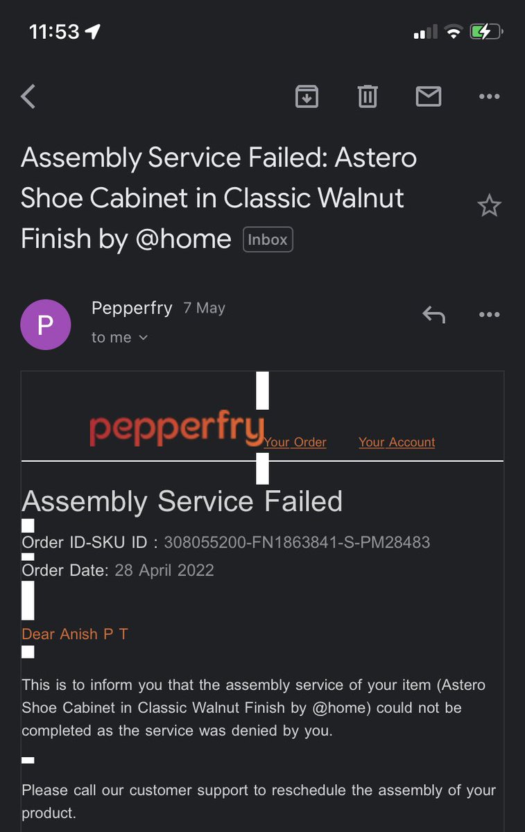 anishpt's tweet photo. @Pepperfry. Assembly cannot be completed by your carpenter because of one wrong component. Instead of rectification I receive a mail that I have denied the assembly. No calls from your team till now @AmbareeshMurty https://t.co/nQXTcCqofg