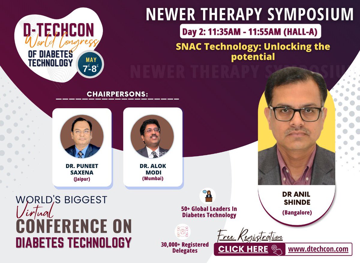 DTechCon's tweet photo. Dr. Anil Shinde Talked at DtechCon2022 about SNAC Technology: Unlocking the potential
Chaired by: Dr. Puneet Saxena & Dr. Alok Modi @DrAnilShinde1 @drpuneetsaxena @alpalok @ATTDconf
Attend Live: https://t.co/JCIjHVyr83
#Dtech #DtechCon2022 #diabetestechnology #healthTech https://t.co/kocqmv3pMM
