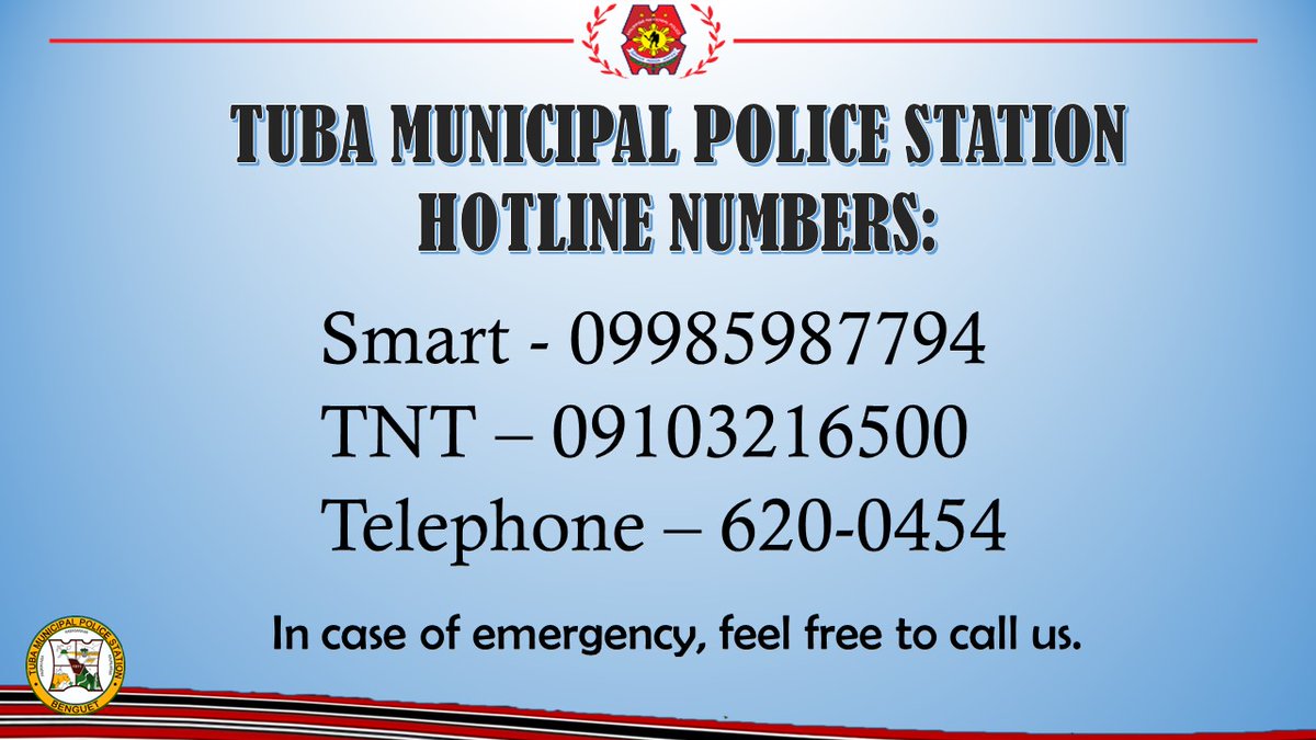 PNPTuba's tweet photo. In case of emergency or cases which need police assistance, please feel free to call us.
#tubamunicipalpolicestation
#tubamps
#TeamPNP
#PNPKakampiMo
#WeServeAndProtect https://t.co/wRk5wJqZim
