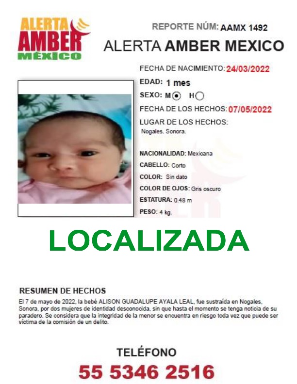 La #AlertaAMBER para ALISON GUADALUPE AYALA LEAL de 1 mes de edad, se desactiva debido a su localización. ¡Gracias por tu apoyo!