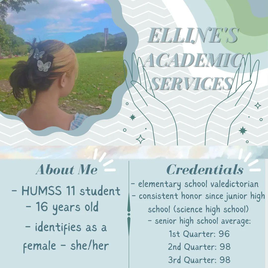 EllineCosmic's tweet photo. ACADEMIC COMMISSIONS!! 📘
- I accept elementary to senior high school clients (can not guarantee to be knowledgeable of all Grade 11 and 12 lessons)
- Added fee if rushed
- Prices can be lower or higher, depending on the work (all about negotiation)
- DM me now < 33 https://t.co/9ncevnlh7u
