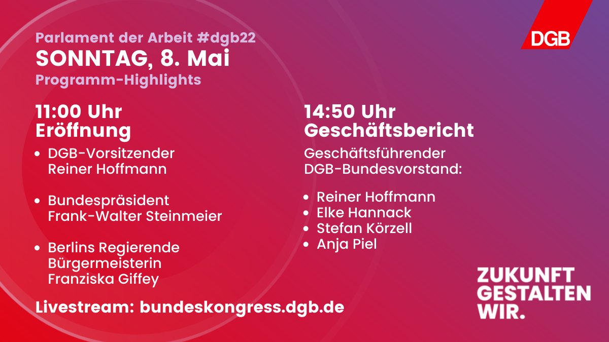 DGB - Deutscher Gewerkschaftsbund (@dgb_news) on Twitter photo Um 11 h beginnen wir das 22. Parlament der Arbeit #dgb22 mit <a href="/igbau/">IG BAU</a> <a href="/igbce/">IGBCE</a> <a href="/deineevg/">EVG</a> @gew_bund <a href="/igmetall/">IG Metall</a> <a href="/gewerkschaftngg/">Gewerkschaft NGG</a> <a href="/gdppresse/">GdP Pressestelle</a> <a href="/_verdi/">Ver.piss.di</a>.
Wir freuen uns auf Bundespräsident Steinmeier und Berlins Regierende Bürgermeisterin <a href="/franziskagiffey/">Franziska Giffey</a>.
📺Live: bundeskongress.dgb.de Um 11 h beginnen wir das 22. Parlament der Arbeit #dgb22 mit <a href="/igbau/">IG BAU</a> <a href="/igbce/">IGBCE</a> <a href="/deineevg/">EVG</a> @gew_bund <a href="/igmetall/">IG Metall</a> <a href="/gewerkschaftngg/">Gewerkschaft NGG</a> <a href="/gdppresse/">GdP Pressestelle</a> <a href="/_verdi/">Ver.piss.di</a>.
Wir freuen uns auf Bundespräsident Steinmeier und Berlins Regierende Bürgermeisterin <a href="/franziskagiffey/">Franziska Giffey</a>.
📺Live: bundeskongress.dgb.de